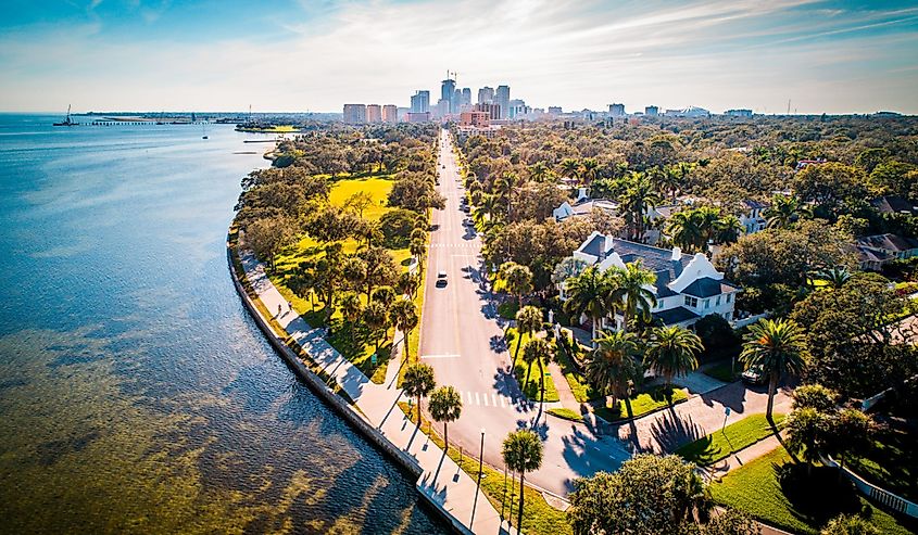 The scenic road where ocean meets city view to Downtown Saint Petersburg, Florida.