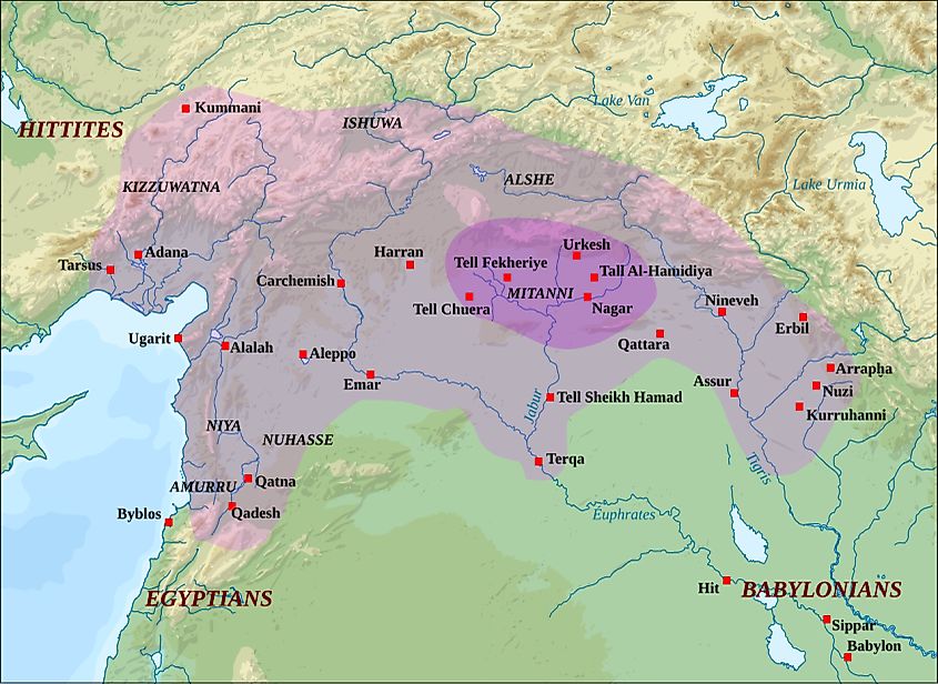Map of the kingdom of Mitanni. Sémhur, Zunkir, rowanwindwhistler, CC BY-SA 3.0 <https://creativecommons.org/licenses/by-sa/3.0>, via Wikimedia Commons