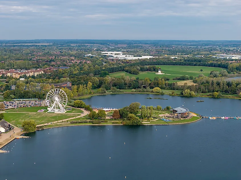 An aerial view shows Willen Lake with observation wheel in Milton Keynes. 