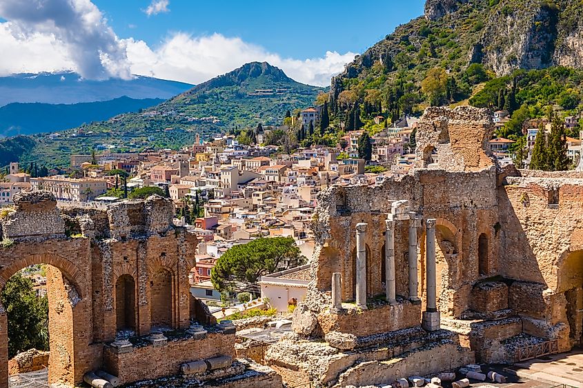 Ruins of ancient Greek theater in Taormina, Italy.