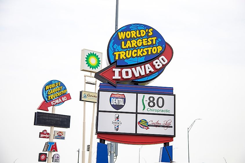 The outdoor business sign located at the World's Largest Truck stop at Iowa 80