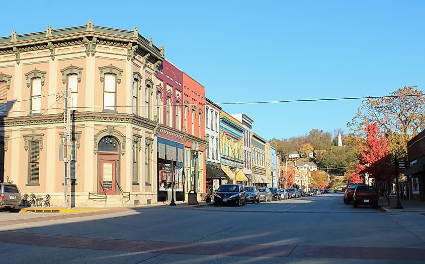 Colorful buildings downtown on a sunny morning in Hannibal, Missouri