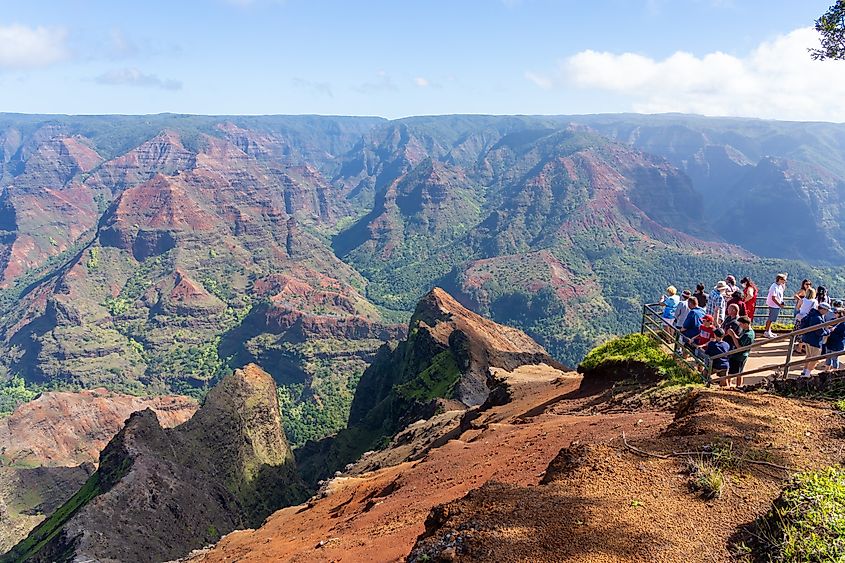 People visiting the Waimea Canyon State Park in Waimea, Hawaii.