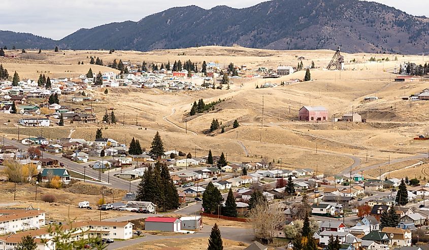 Aerial view of downtown Butte Montana with winter setting in