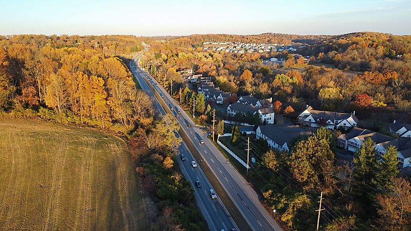 Aerial view of Newtown Square, Pennsylvania.
