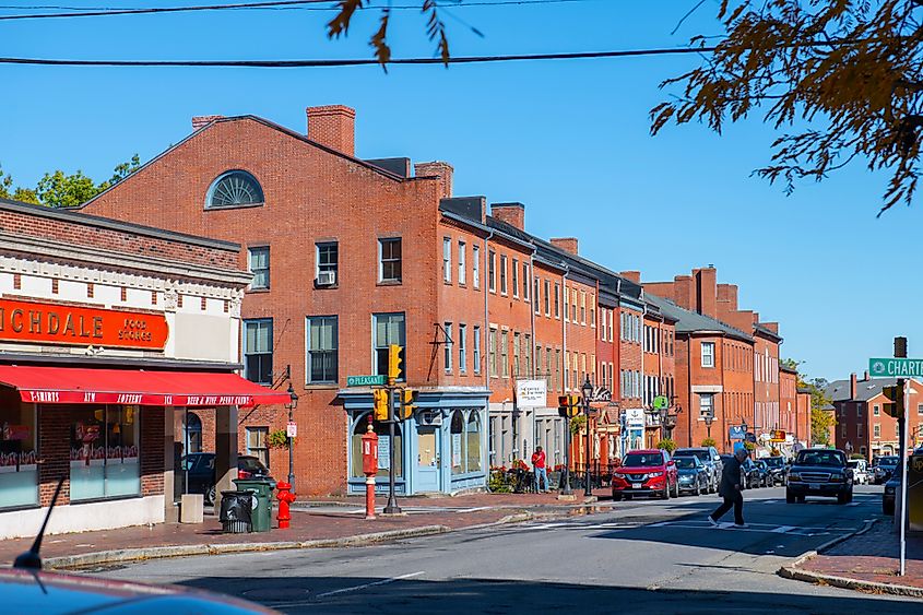 Historic buildings at State Street in downtown Newburyport, Massachusetts. 