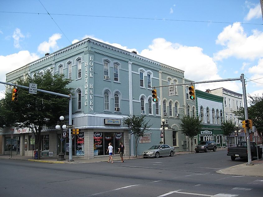 Downtown historic district of Lock Haven, Pennsylvania with people walking across the street