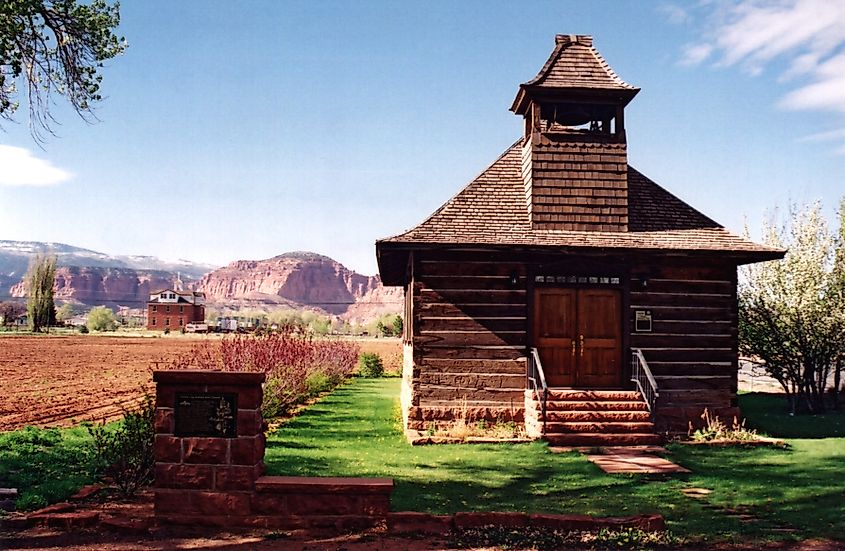 The historic Torrey Log Church-Schoolhouse in Torrey, Utah, built in 1898 as both a schoolhouse and a meetinghouse of The Church of Jesus Christ of Latter-day Saints.