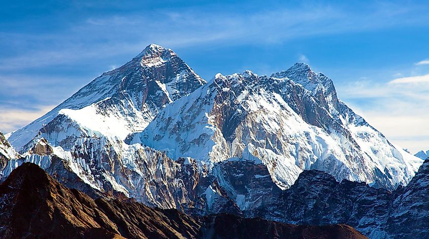 Everest and other major peaks of the Himalaya as seen on a bluebird day