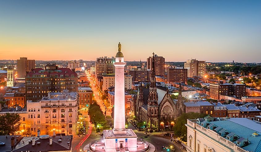 Baltimore, Maryland, USA cityscape at Mt. Vernon and the Washington Monument.