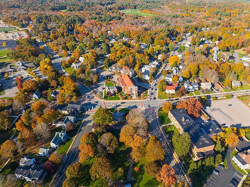 St. Mary's Parish Church aerial view in fall at 1 Church Street at town common in historic town center of Franklin, Massachusetts