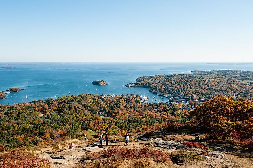 View of Camden, Maine harbor from the summit of Mount Battie, Camden Hills State Park, in autumn. 