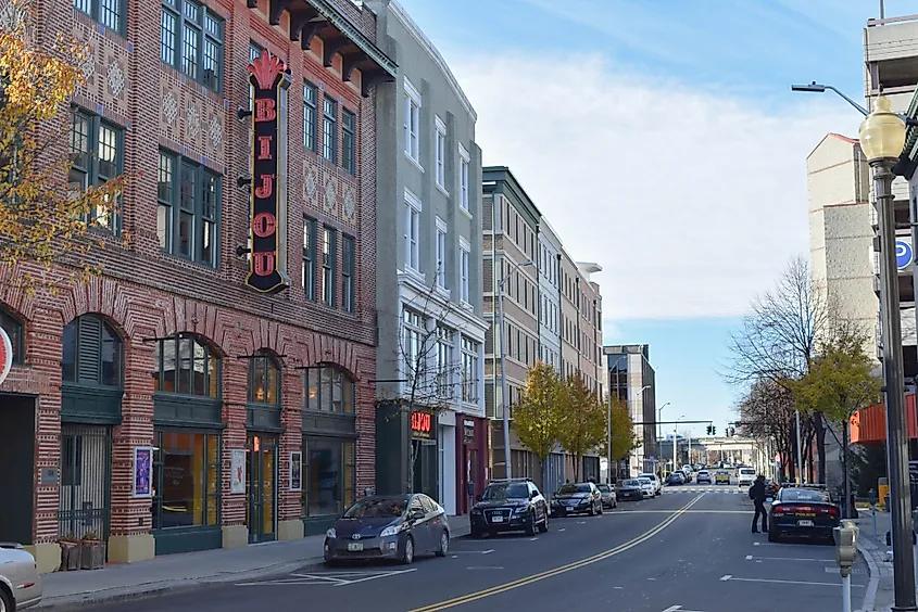 Fairfield Avenue in downtown Bridgeport on a spring morning outside the Bijou and other restaurants