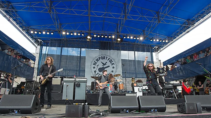 An energy packed performance during the Newport Folk Festival in Newport, Rhode Island.