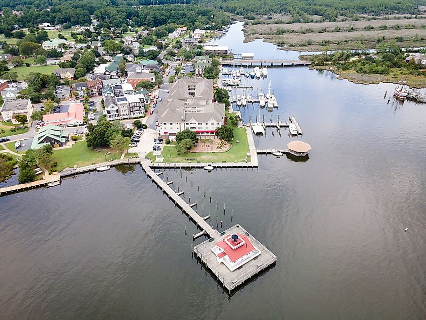 Aerial View of Historic Roanoke Marshes Lighthouse in Manteo, North Carolina