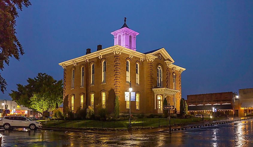 Pocahontas, Arkansas, USA - October 1, 2021: The Historic Randolph County Courthouse at dusk.