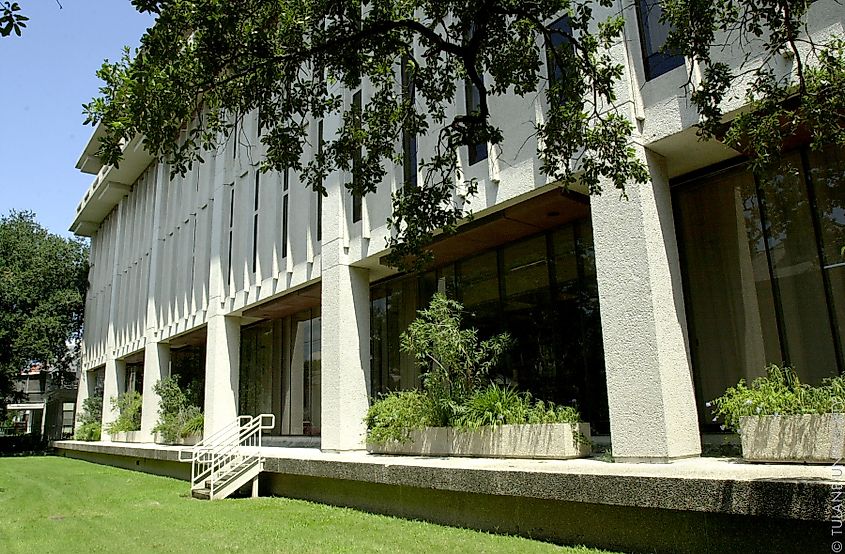 Main façade of the Howard-Tilton Memorial Library at Tulane University