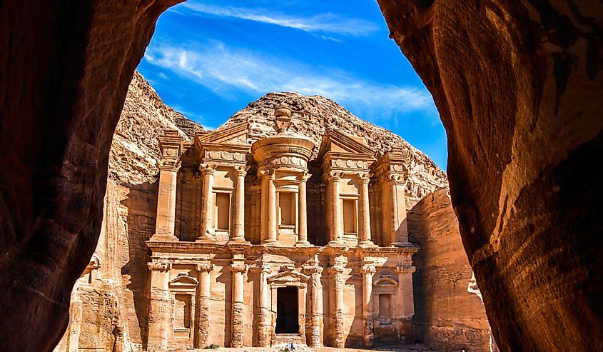 Stunning view from a cave of the Ad Deir, Monastery in the ancient city of Petra, Jordan