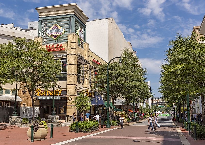 Downtown Silver Spring shopping district and people on pedestrian mall.