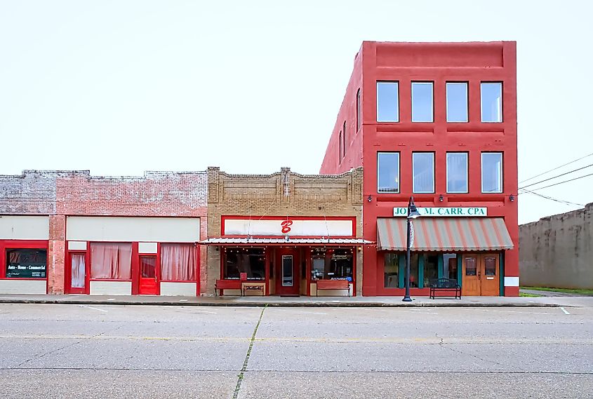 Red historic buildings on the Main Street of Hugo, Oklahoma.