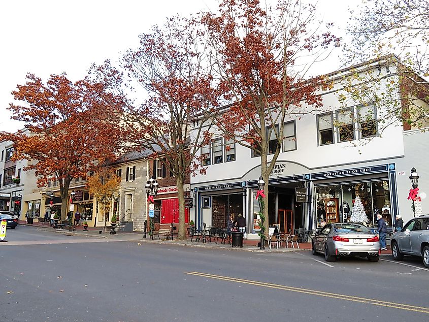 Quaint little shops and boutiques line the main street in picturesque Bethlehem, Pennsylvania, via Bruce Alan Bennett / Shutterstock.com