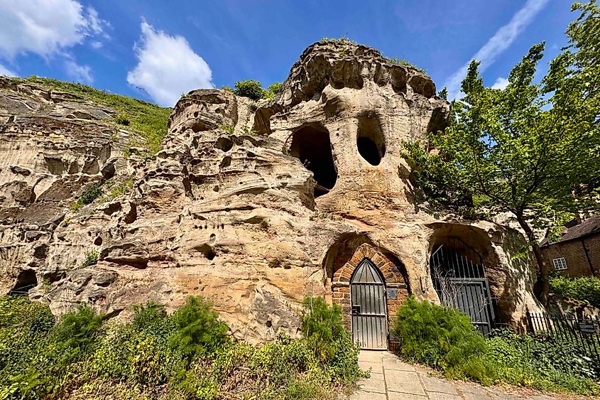 Cave openings in the sandstone at Brewhouse Yard, Nottingham