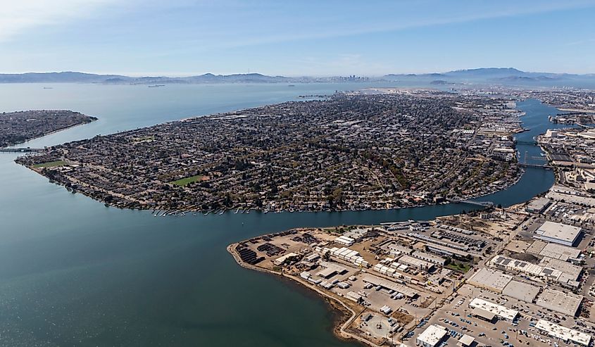 Aerial of Alameda Island and San Francisco Bay near Oakland, California.