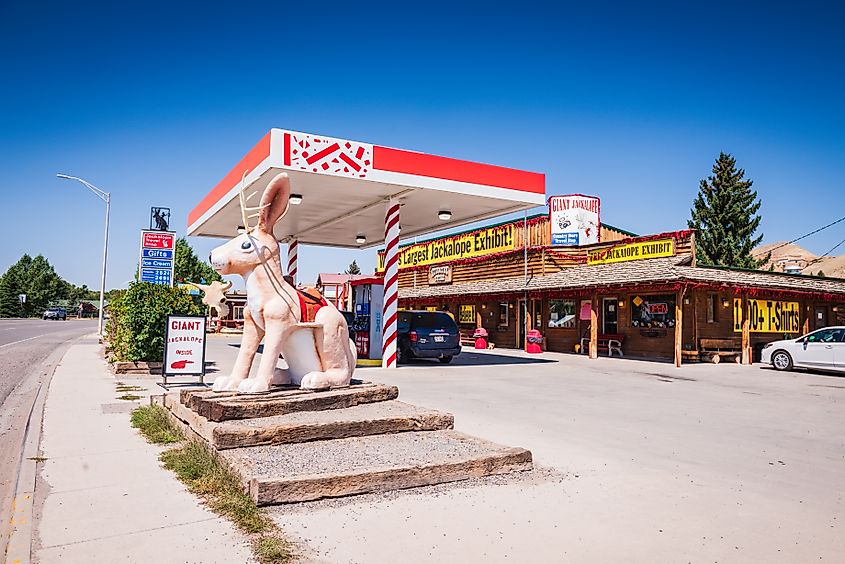 Giant Jackalope statue in front of a gas station in Dubois, Wyoming