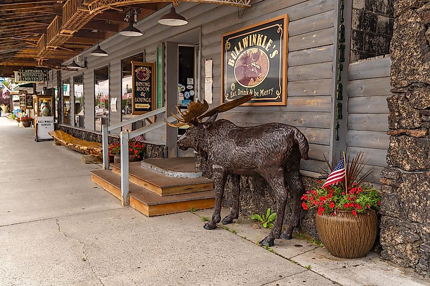West Yellowstone, MT - August 8, 2022: Bullwinkle's Saloon and Eatery. One of the tourist streets in West Yellowstone, Montana.