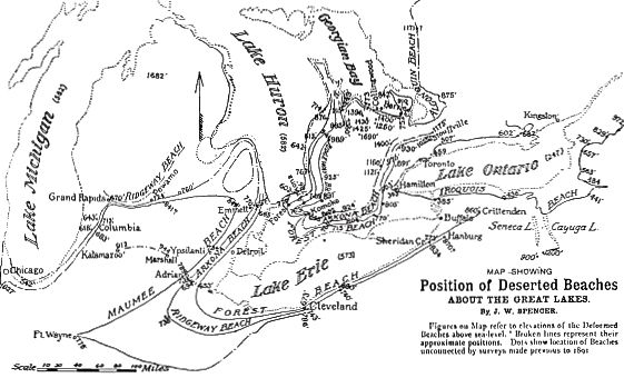 Diagram showing the position of beaches of proglacial lakes that preceded the Great Lakes