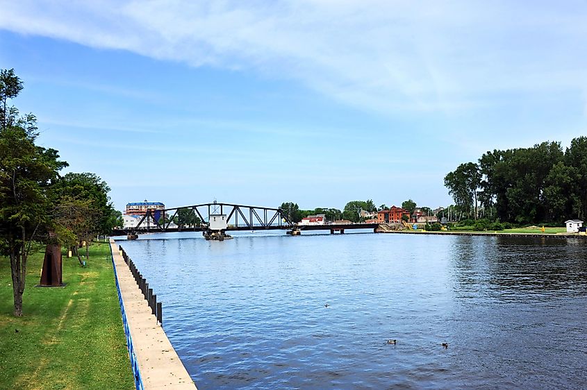 View of the St. Joseph's Swing Bridge fron Silver Beach Park, in St. Joseph, Michigan