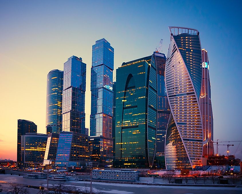 Illuminated Skyscrapers Buildings of Moscow City business complex at dusk, Moscow, Russia.