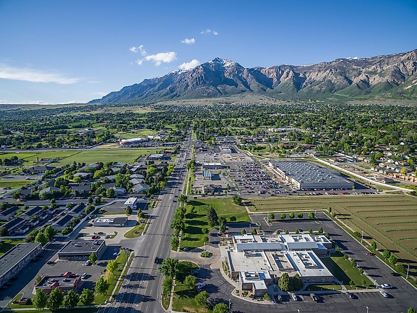 Aerial view from a drone of Washington Blvd and the commercial district of North Ogden, Utah.
