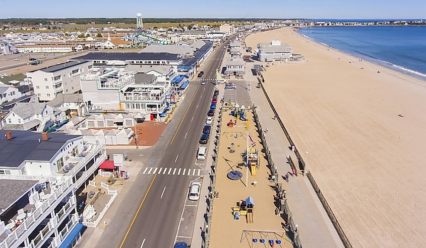 Hampton Beach aerial view including historic waterfront buildings on Ocean Boulevard and Hampton Beach State Park, Town of Hampton, New Hampshire NH, USA.