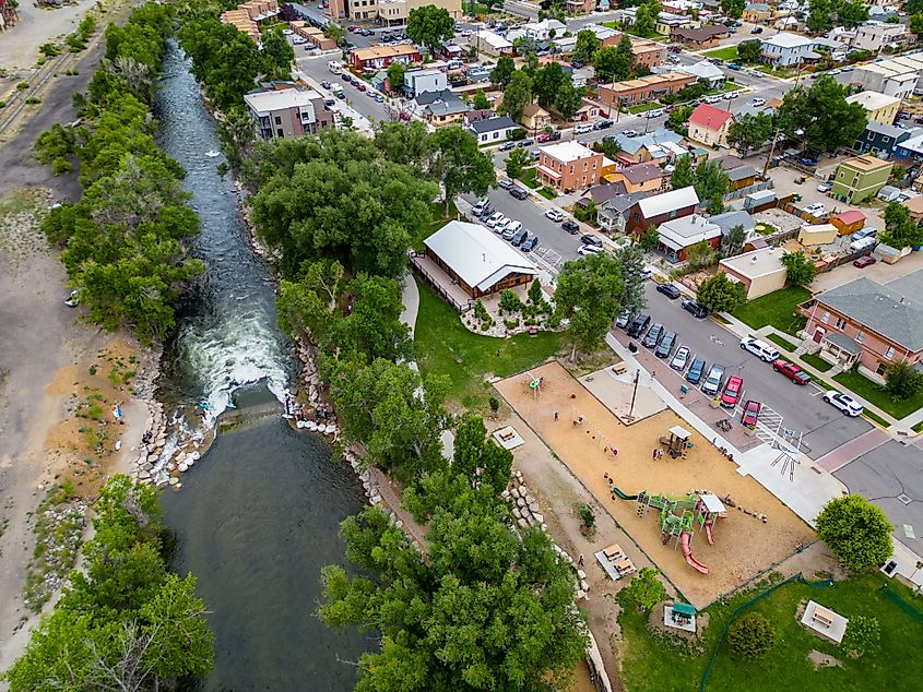 Aerial photo of people surfing on the Arkansas River in Salida, Colorado.