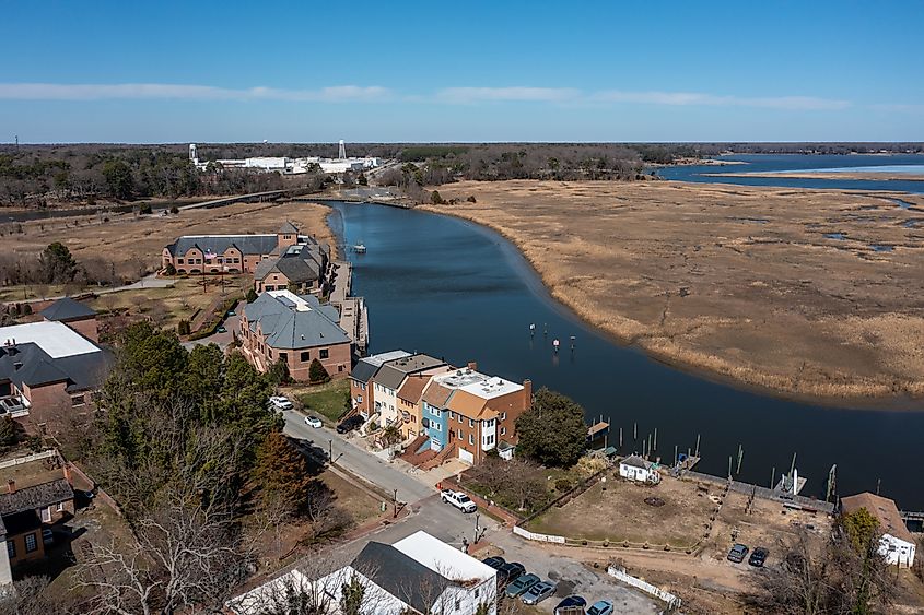 Aerial View of homes on the Pagan River in Smithfield, Virginia.