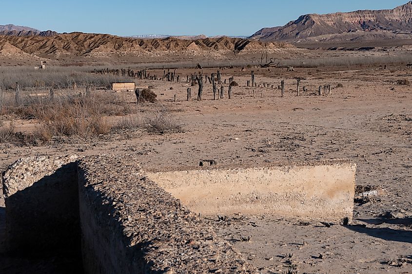 Exposed foundations line the old Main Street of St. Thomas, Nevada