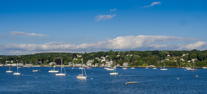 Small ships moored near Tiverton, Rhode Island.