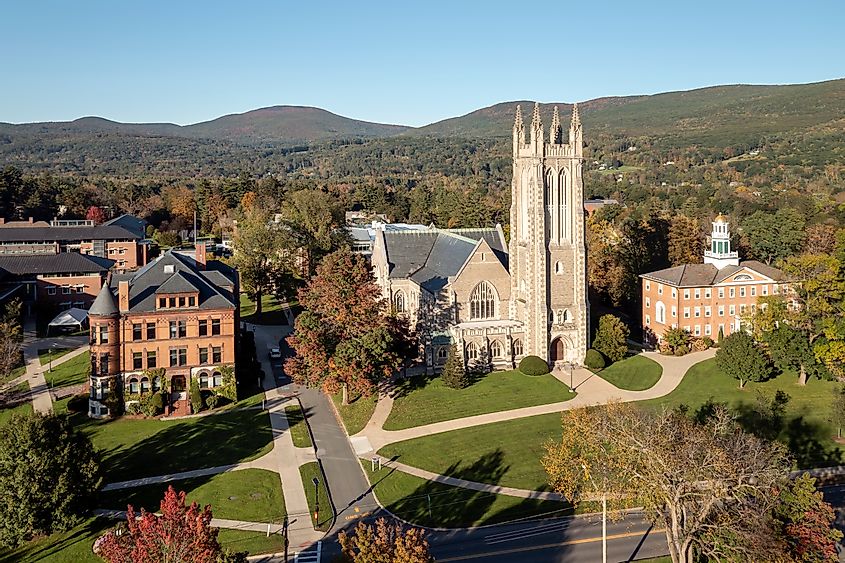 Aerial view of the Thompson Memorial Chapel on the campus of Williams College in Williamstown