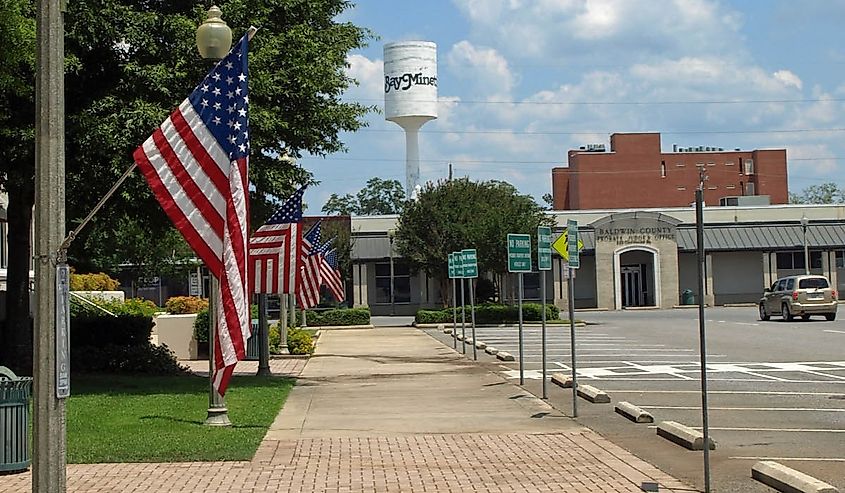 The concrete water tower in Bay Minette, Alabama.