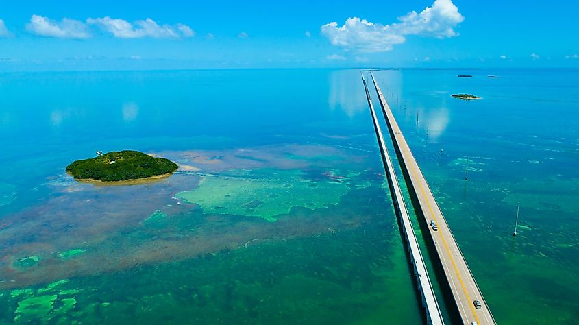 7 Seven Miles bridge. Endless road, Aerial view, Florida Keys. USA.