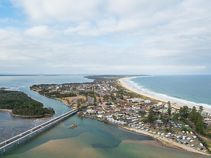 Aerial view of bridge connecting on The Entrance, NSW