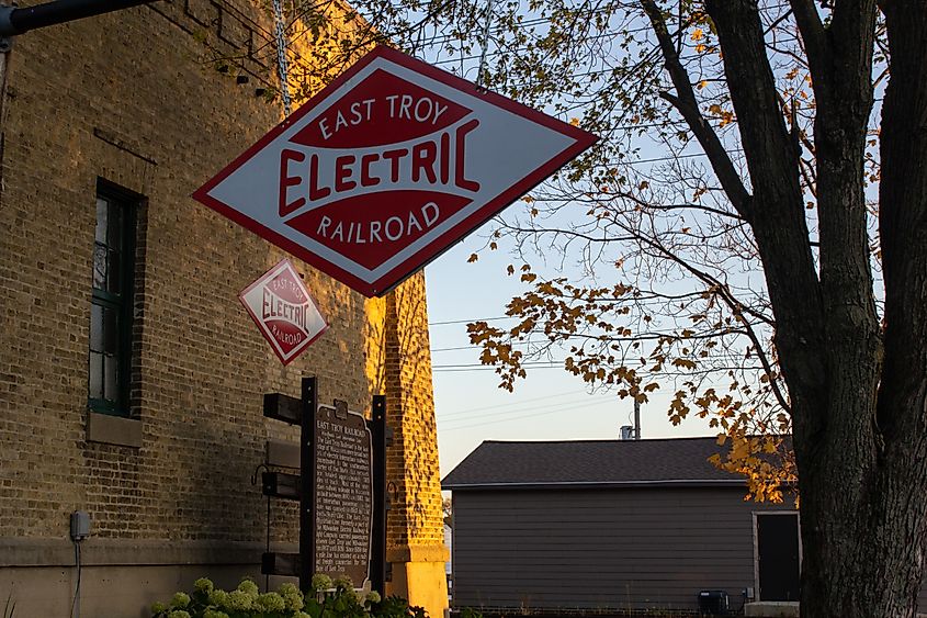 The sign for the East Troy Railroad Museum in East Troy, Wisconsin.