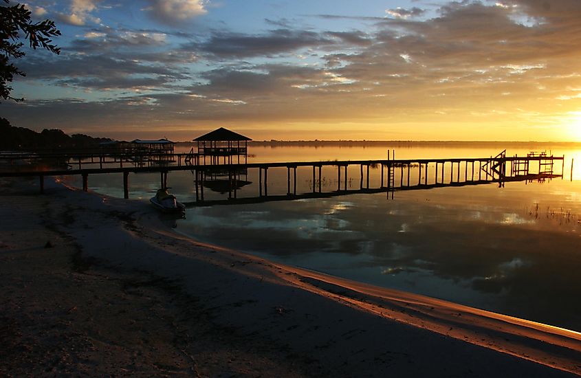 Boat pier at sunrise in Lake Placid Florida