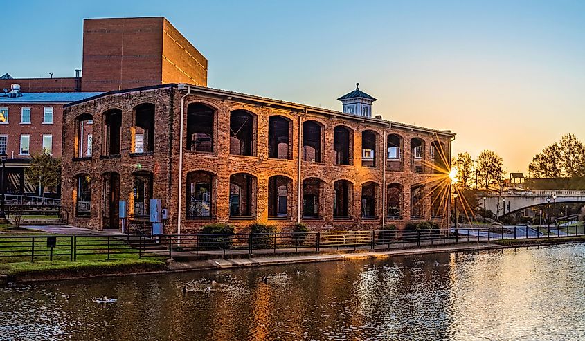 Wyche Pavilion along the Reedy River in Downtown Greenville South Carolina at sunset