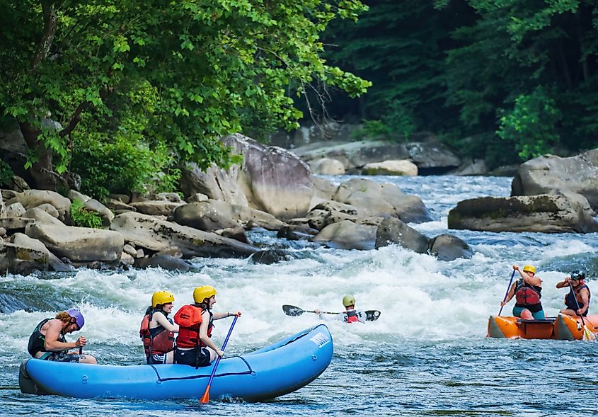 People rafting in the Youghiogheny River in Ohiopyle, Pennsylvania.