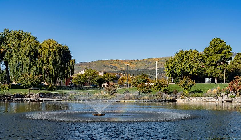 Morning view of the Ashley Pond Park at Los Alamos, New Mexico with a water feature