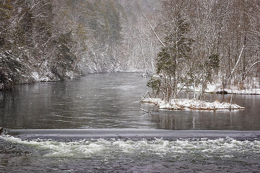 Snowfall blankets the landscape along the Holston River near Bristol, Tennessee.