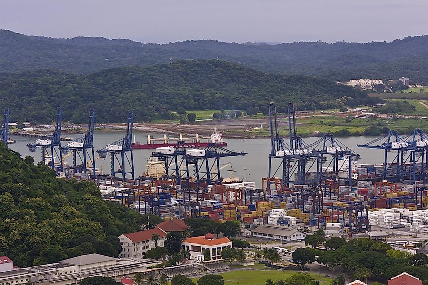 PANAMA CITY, PANAMA - AUGUST 10, 2009: Panama canal and container loading area at Port of Balboa.