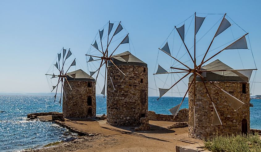 3 windmills by the sea in Myloi. 